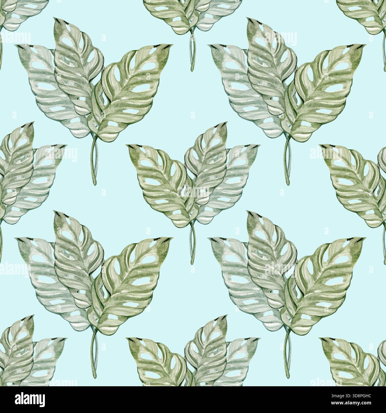 Motivo ad acquerello senza cuciture con delicate foglie verdi di monstera adansonii dipinte in un delicato stile botanico. Elegante design tropicale Foto Stock