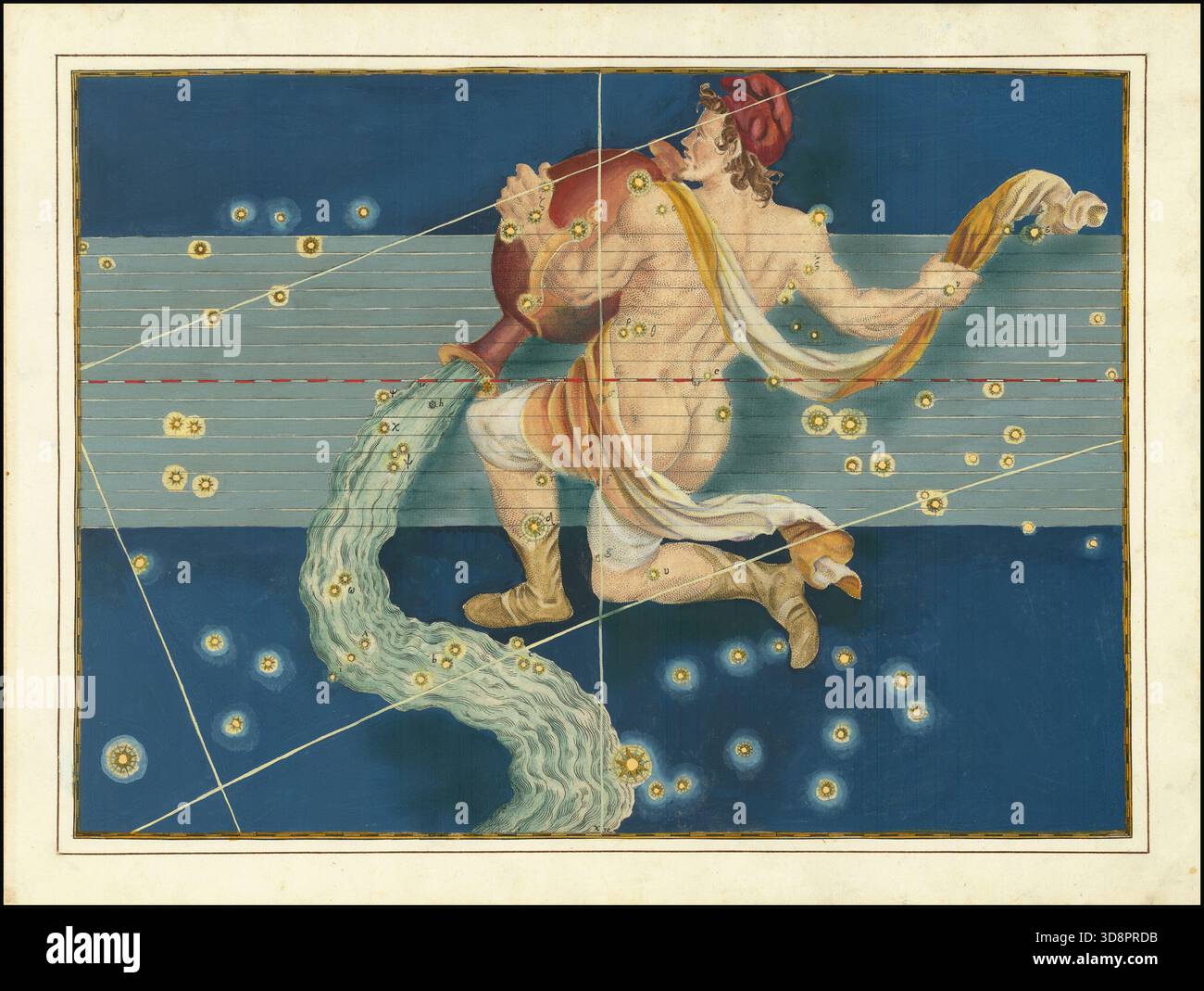 Carta celeste di John Bayer dell'Acquario, con le stelle aumentate in oro. Aquario, pastore figlio di Tros, di cui Zeus si innamorò, è qui raffigurato con la sua caraffa d'acqua, su un brillante sfondo blu scuro. Uranomatria. - L'Uranometria di Bayer, è uno degli atlanti celesti più importanti del XVII secolo e il precursore di tutti gli atlanti stellari che contenevano 51 carte stellari, di cui 48 erano costellazioni tolemaiche. Foto Stock
