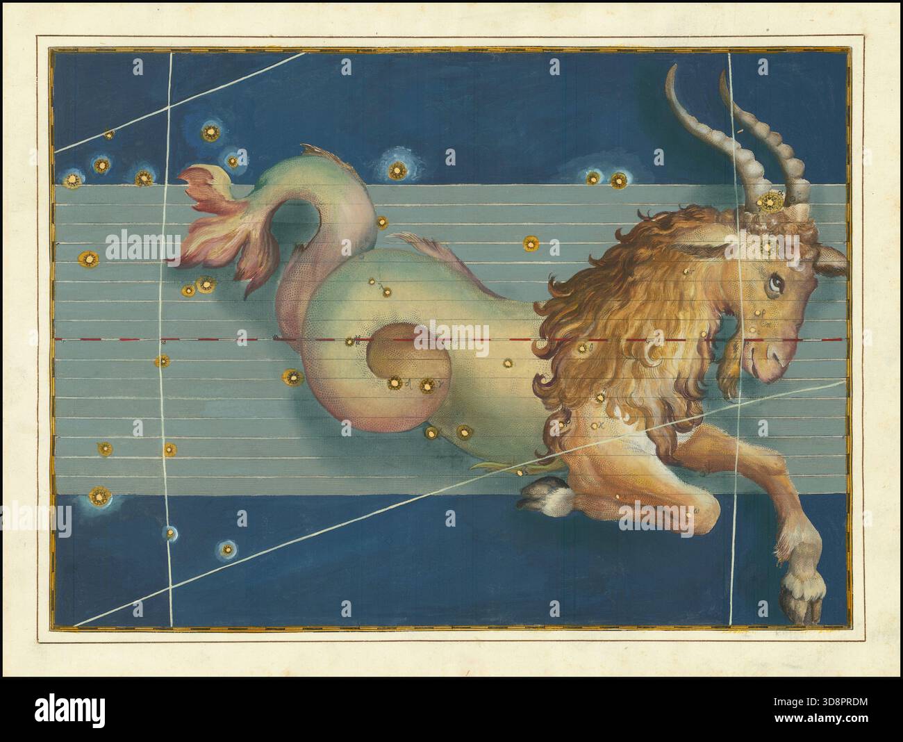 John Bayer grafico celeste del Capricorno , con le stelle aumentate in oro. Aquario, pastore figlio di Tros, di cui Zeus si innamorò, è qui raffigurato con la sua caraffa d'acqua, su un brillante sfondo blu scuro. Uranomatria. - L'Uranometria di Bayer, è uno degli atlanti celesti più importanti del XVII secolo e il precursore di tutti gli atlanti stellari che contenevano 51 carte stellari, di cui 48 erano costellazioni tolemaiche. Foto Stock