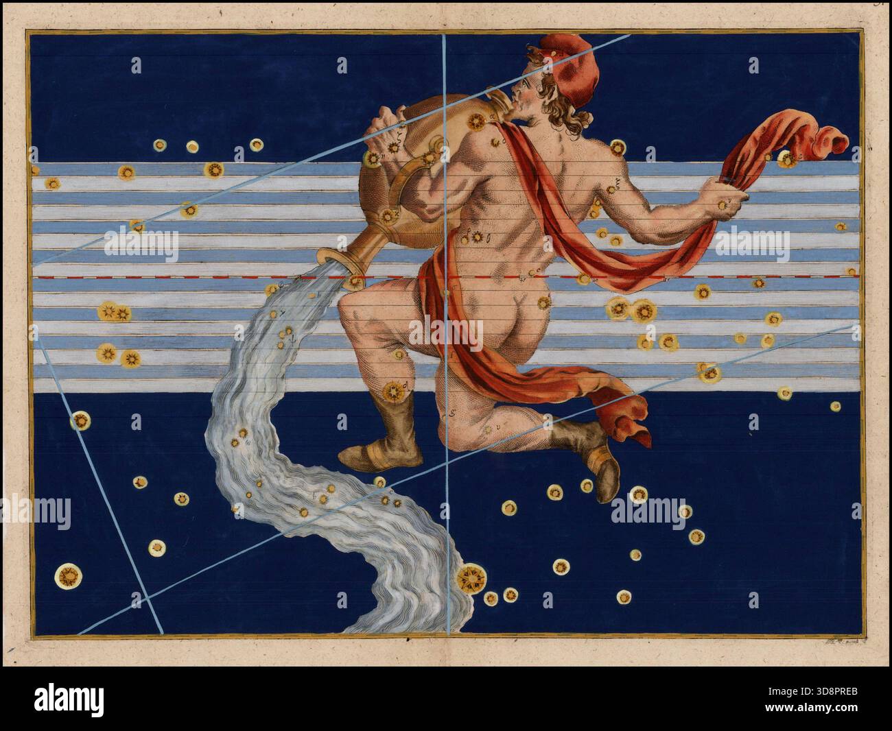 Carta celeste di John Bayer dell'Acquario, con le stelle aumentate in oro. Aquario, pastore figlio di Tros, di cui Zeus si innamorò, è qui raffigurato con la sua caraffa d'acqua, su un brillante sfondo blu scuro. Uranomatria. - L'Uranometria di Bayer, è uno degli atlanti celesti più importanti del XVII secolo e il precursore di tutti gli atlanti stellari che contenevano 51 carte stellari, di cui 48 erano costellazioni tolemaiche. Foto Stock