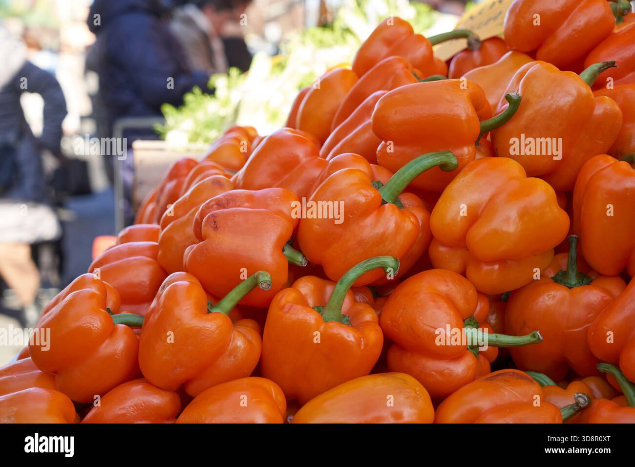 Peperoni d'arancia luminosi impilati in un vivace mercato di strada, che mette in risalto la cultura gastronomica locale e le autentiche esperienze di viaggio Foto Stock