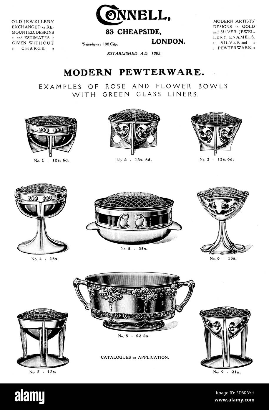 1910 Connell, Cheapside, Londra, gioielleria, pewterware moderno, ciotole di rose e fiori, articoli per la tavola in peltro art nouveau dello Studio Foto Stock