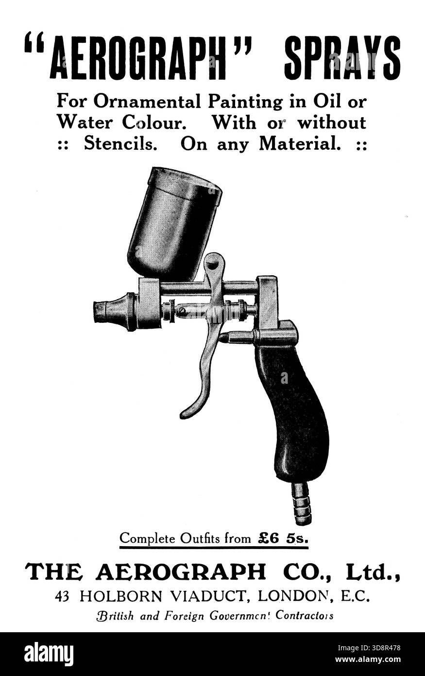 1910 pubblicità per pistola a spruzzo Aerograph, dalla rivista Studio Foto Stock