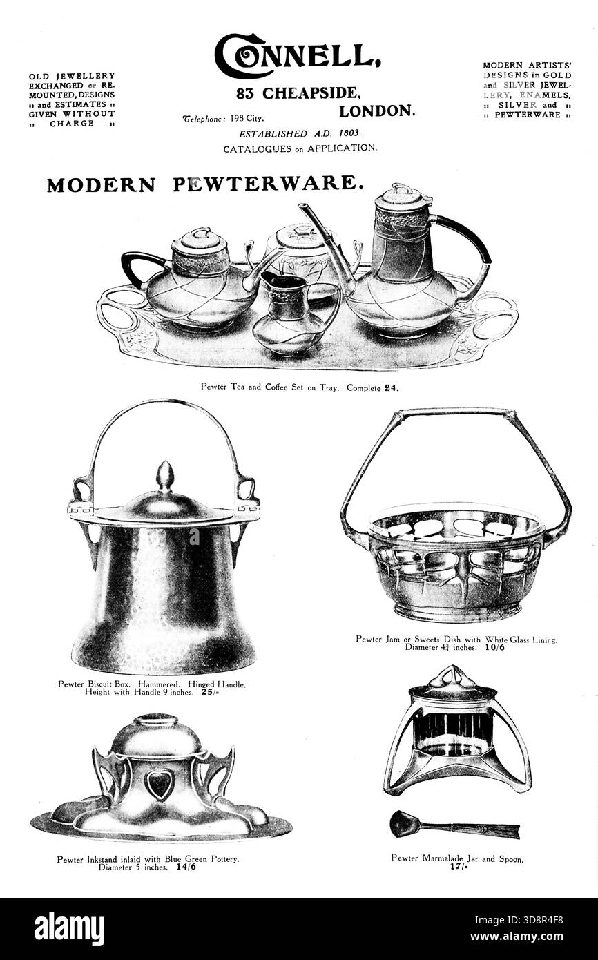 1910 Connell, Cheapside, Londra, gioielleria, pewterware moderno, pubblicità Art nouveau pewter per il servizio da tavola della rivista Studio Foto Stock