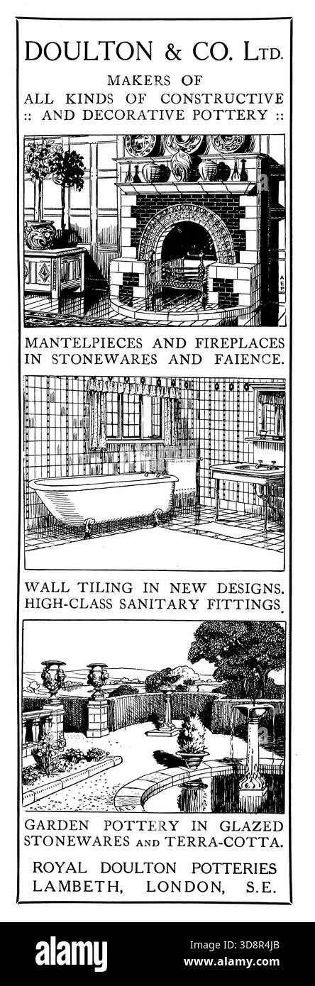 1910 Royal Doulton Lambeth pubblicità costruttiva e decorativa di ceramica domestica dalla rivista Studio Foto Stock