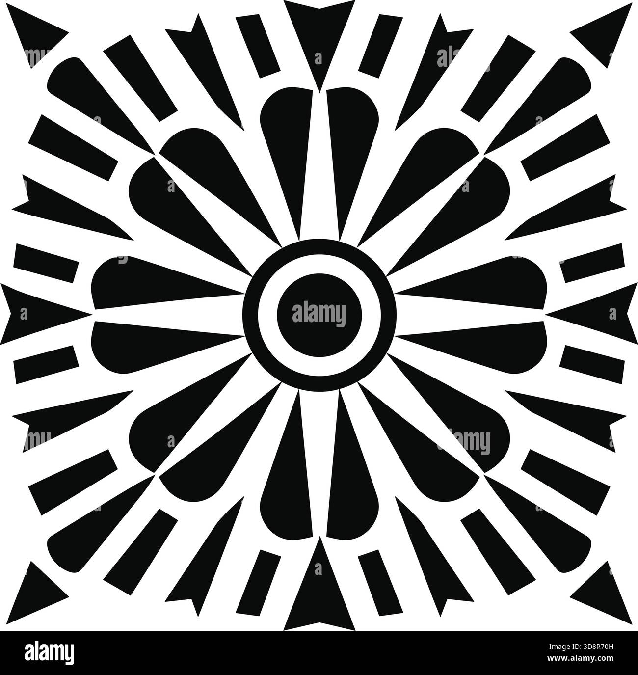 Una disposizione quadrata simmetrica utilizza forme e linee arrotondate a goccia per creare un motivo geometrico astratto simile a quello floreale in bianco e nero. Illustrazione Vettoriale