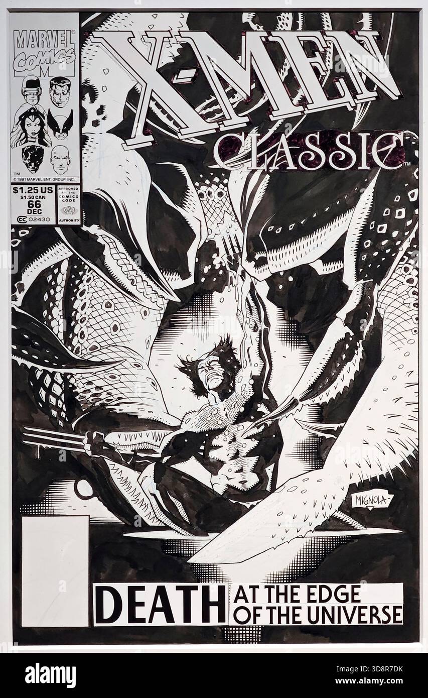 Mike Mignola, morte ai margini dell'universo, X-Men Classics, no 66, copertina, Marvel, 1991, inchiostro cinese su carta, esposto a Girona, Spagna Foto Stock