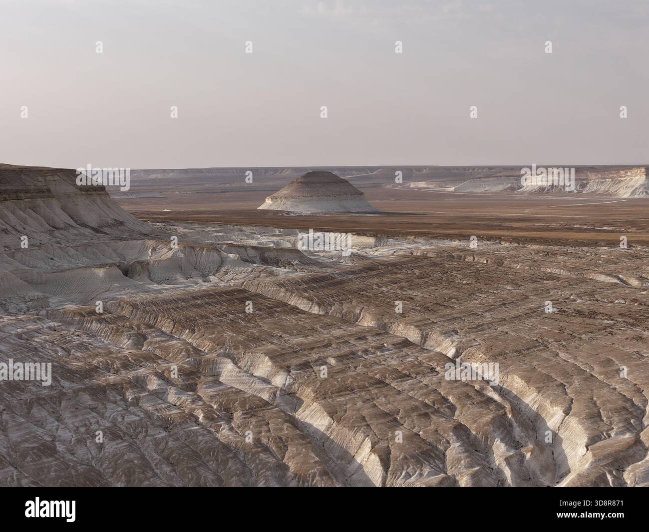 Paesaggio altopiano di Ustyurt con vaste formazioni di gesso bianco, colline ondulate e una mesa dalla cima piatta sotto un cielo limpido, una remota e arida natura selvaggia perfetta Foto Stock