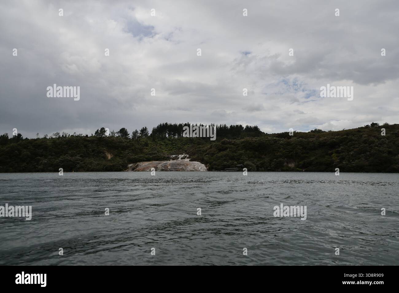 Nuova Zelanda Taupo Geothermal Park cielo sovrastato dalla costa boscosa Foto Stock