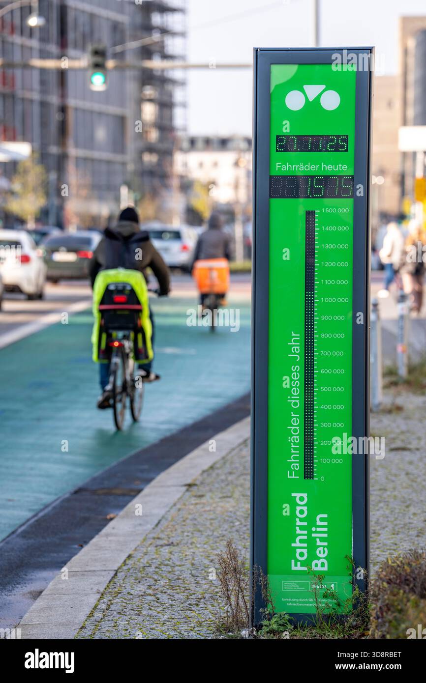 Barometro della bicicletta su Karl-Marx-Allee a Berlino. Un circuito di induzione misura il numero di biciclette che passano attraverso il punto di conteggio sulla pista ciclabile. Qui Foto Stock