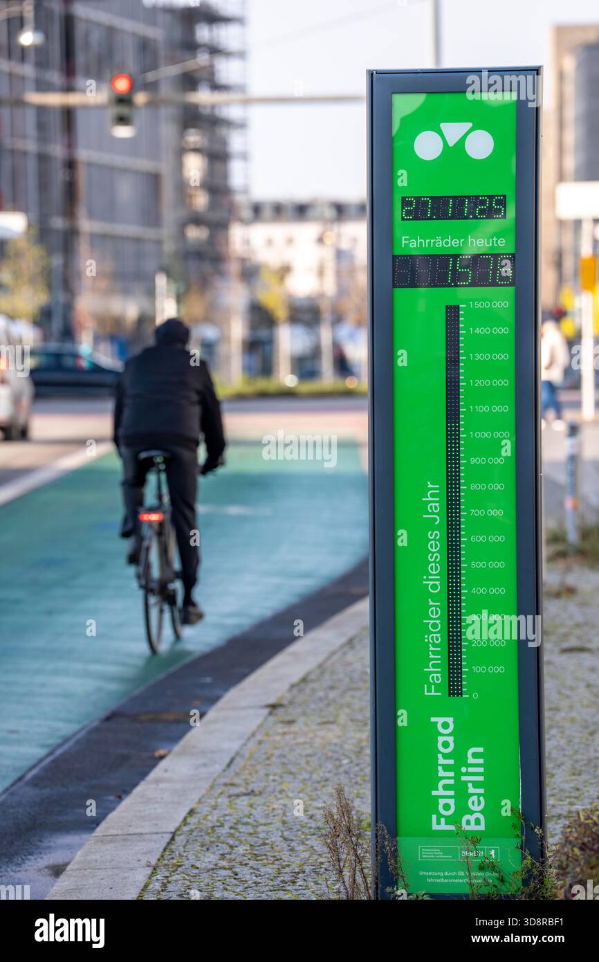 Barometro della bicicletta su Karl-Marx-Allee a Berlino. Un circuito di induzione misura il numero di biciclette che passano attraverso il punto di conteggio sulla pista ciclabile. Qui Foto Stock