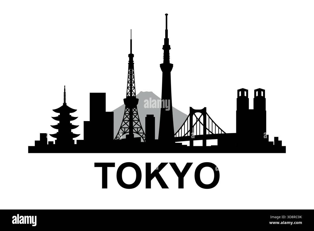 Lo skyline di Tokyo nera presenta Skytree, la Tokyo Tower, il ponte, la pagoda e il Monte Fuji Illustrazione Vettoriale