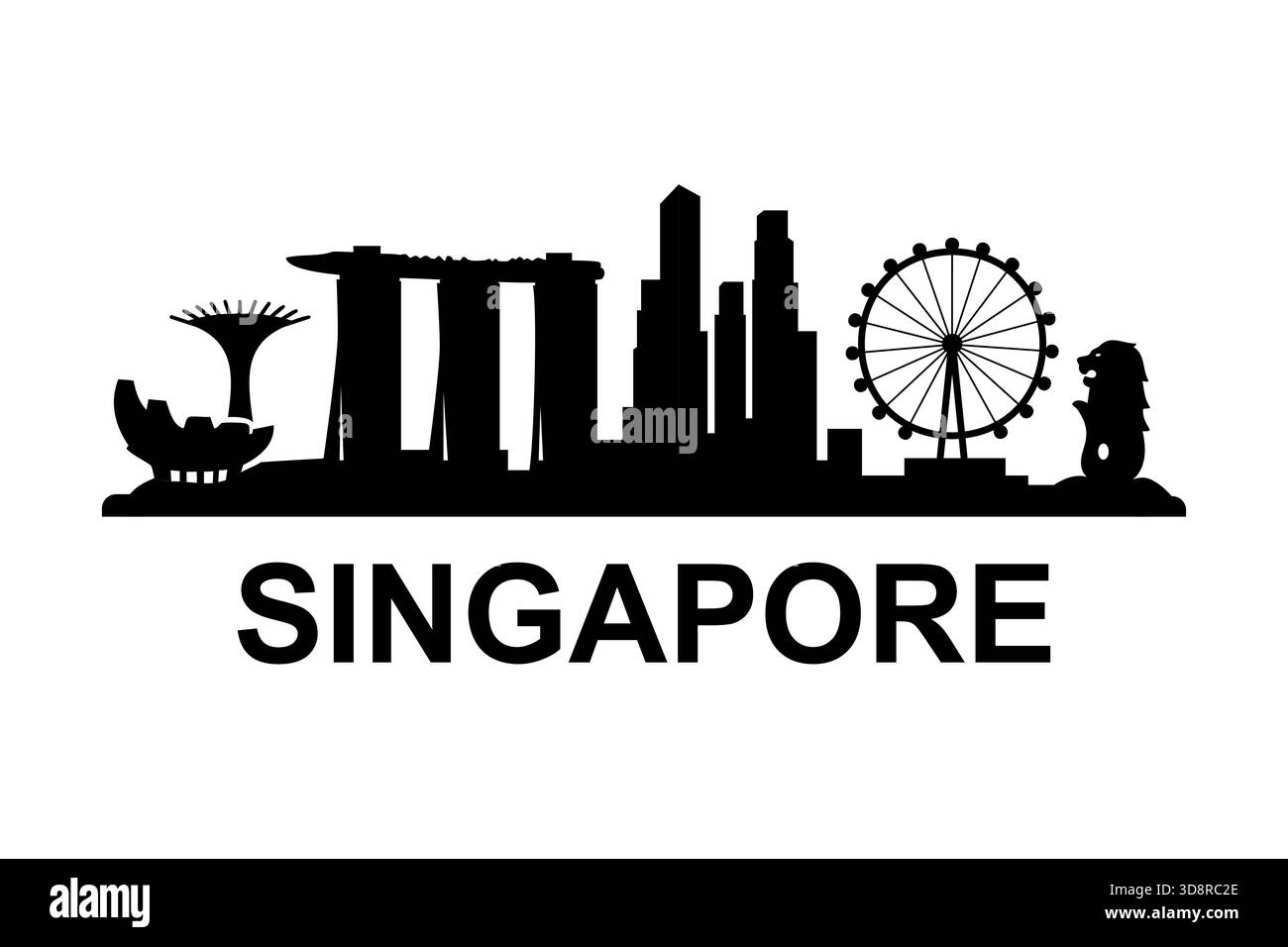 Skyline nero di Singapore che mostra la ruota panoramica, Merlion, Marina Bay Sands Illustrazione Vettoriale