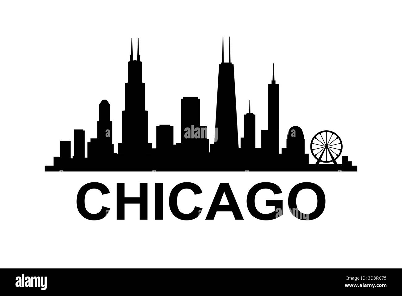 Skyline minimalista di Chicago con famosi edifici e ruota panoramica in stile silhouette Illustrazione Vettoriale