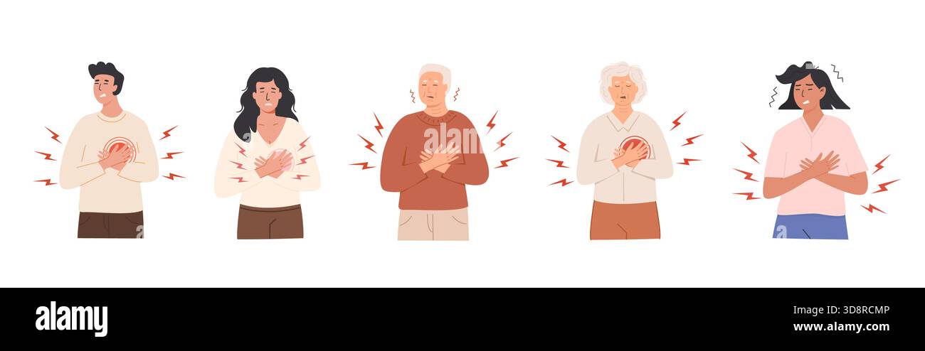 Gruppo di persone che soffrono di dolore toracico e disturbi cardiaci con un'espressione dolorosa. Sintomi di infarto, angina, problemi respiratori. Stile piatto Illustrazione Vettoriale