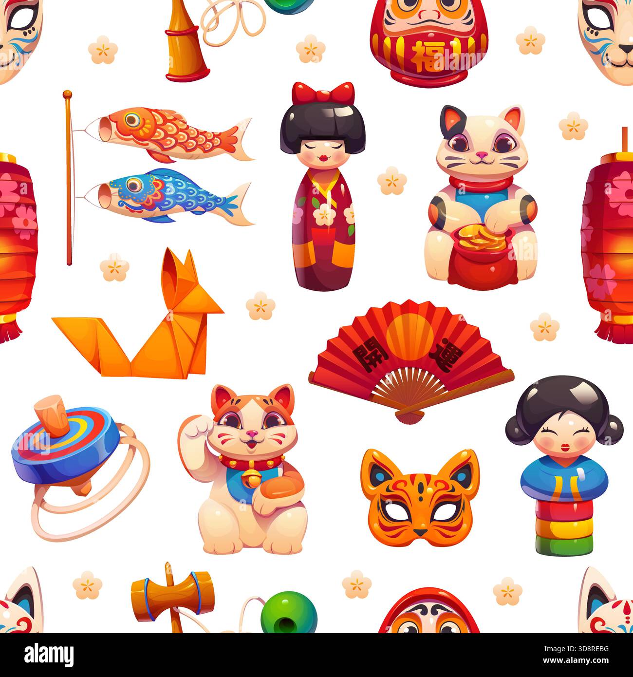 Giocattoli giapponesi e bambole piastrelle con motivo senza cuciture Illustrazione Vettoriale