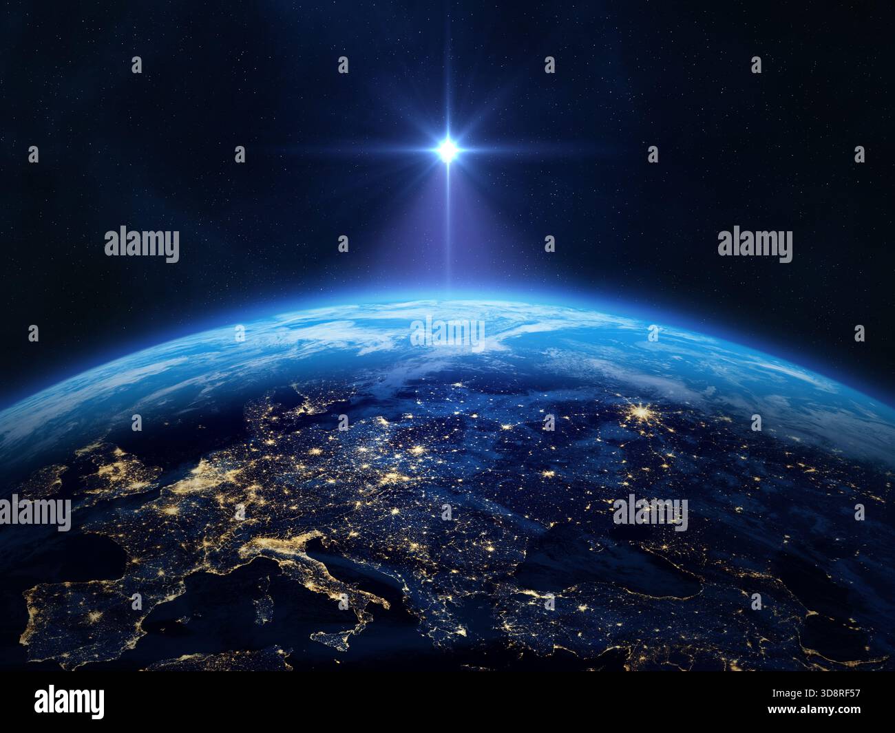 Pianeta Terra nello spazio. Stella di Betlemme. La stella brilla sulla mangiatoia del Natale di Gesù Cristo. Stella di Gesù. Stella morava. L'Europa è a. Foto Stock