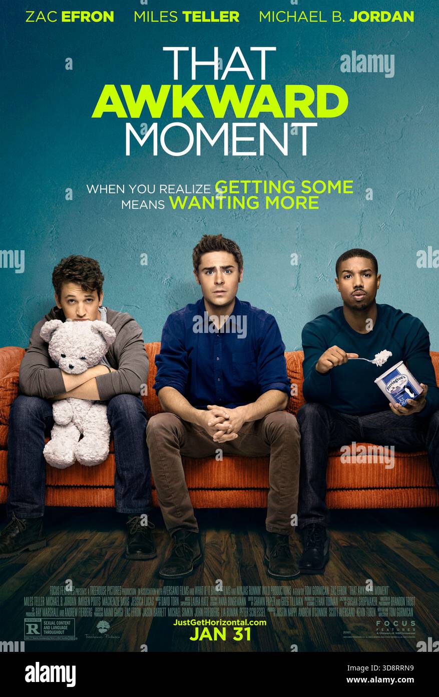 That Awkward Moment (2014) diretto da Tom Gormican e interpretato da Zac Efron, Miles Teller e Michael B. Jordan. Tre migliori amici si impegnano a rimanere single, ma ognuno cade segretamente in relazioni complicate che mettono alla prova la propria amicizia e le proprie idee sull'impegno. USA SOLO PER USO EDITORIALE DI un foglio di poster. Credito: Funzioni BFA / Focus Foto Stock
