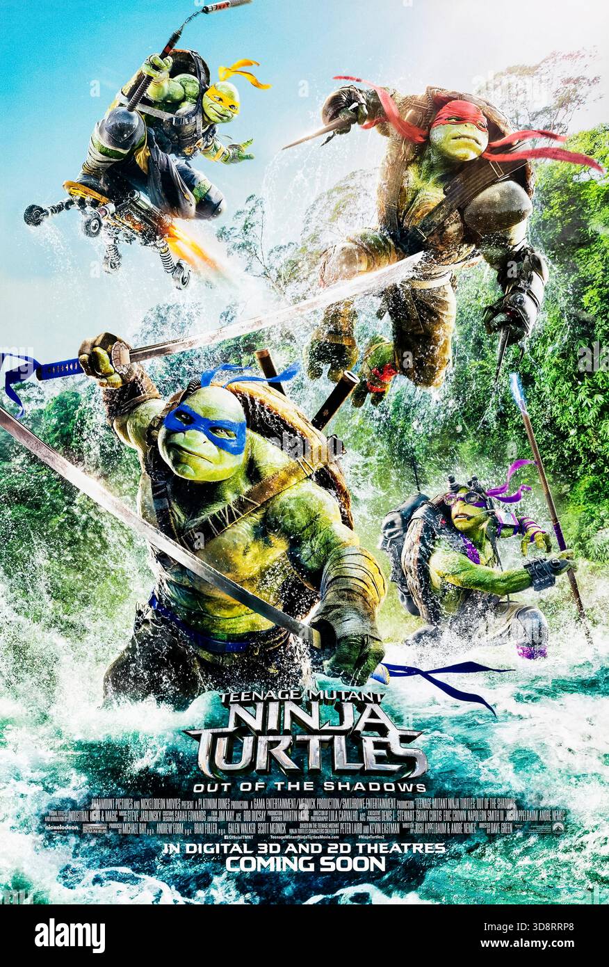 Teenage Mutant Ninja Turtles: Out of the Shadows (2016) diretto da Dave Green e interpretato da Megan Fox, Stephen Amell e Will Arnett. Le tartarughe si alleano con nuovi alleati per sconfiggere Shredder, Baxter Stockman, Bebop, Rocksteady e il malvagio alieno Krang per salvare il mondo. Fotografia di un poster originale del 2016 USA a un foglio SOLO PER USO EDITORIALE. Credito: Immagini BFA/Paramount Foto Stock