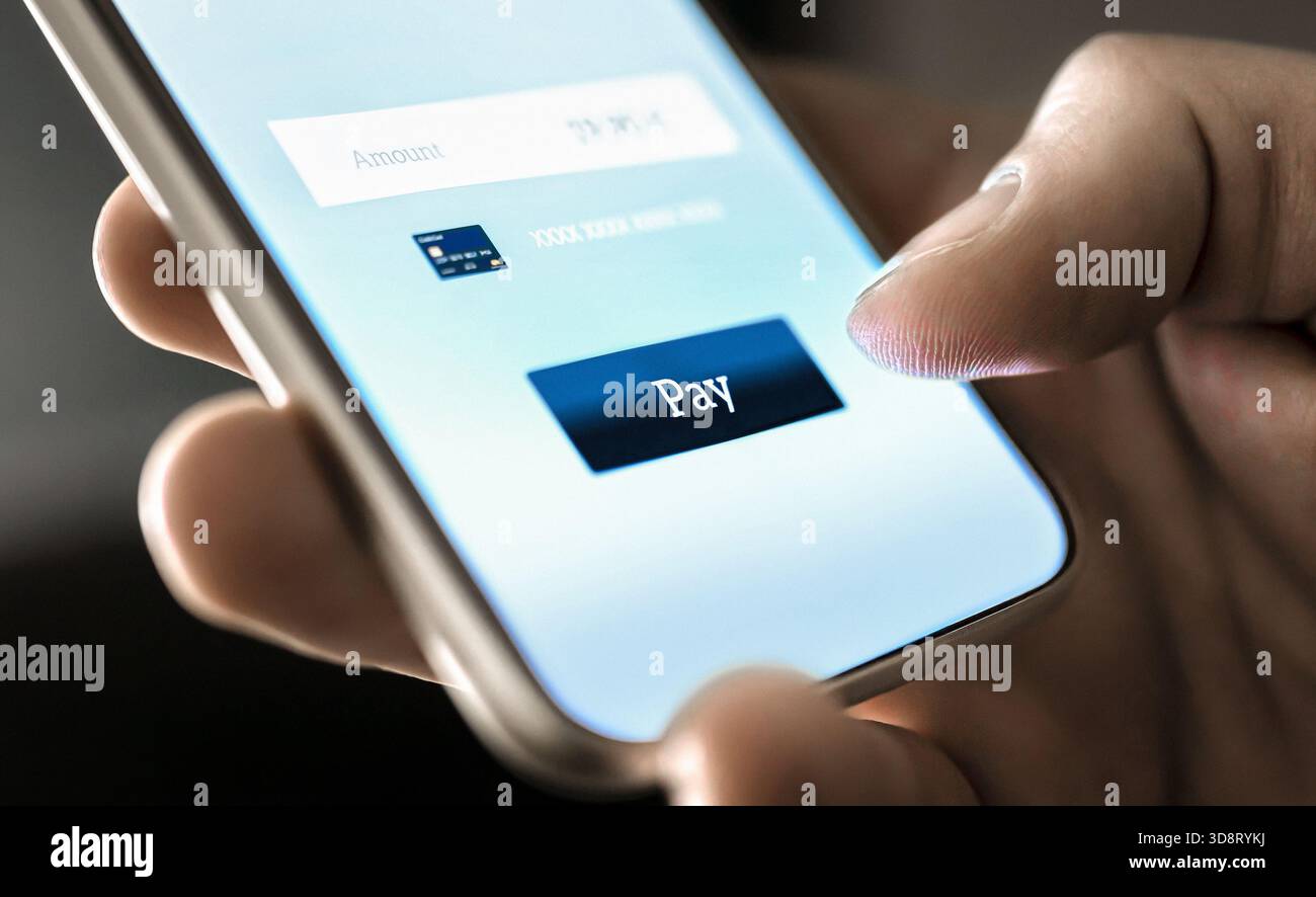 Pagamento. Paga con il portafoglio nell'app mobile. E trasferimento di denaro tramite telefono. Semplice servizio bancario per smartphone. Acquisto della carta online. Tecnologia sicura. Foto Stock