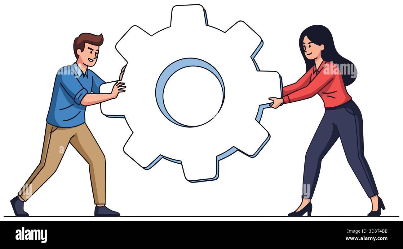 Un team dinamico che collabora per portare la marcia verso il successo e l'innovazione, simboleggiando il lavoro di squadra Illustrazione Vettoriale