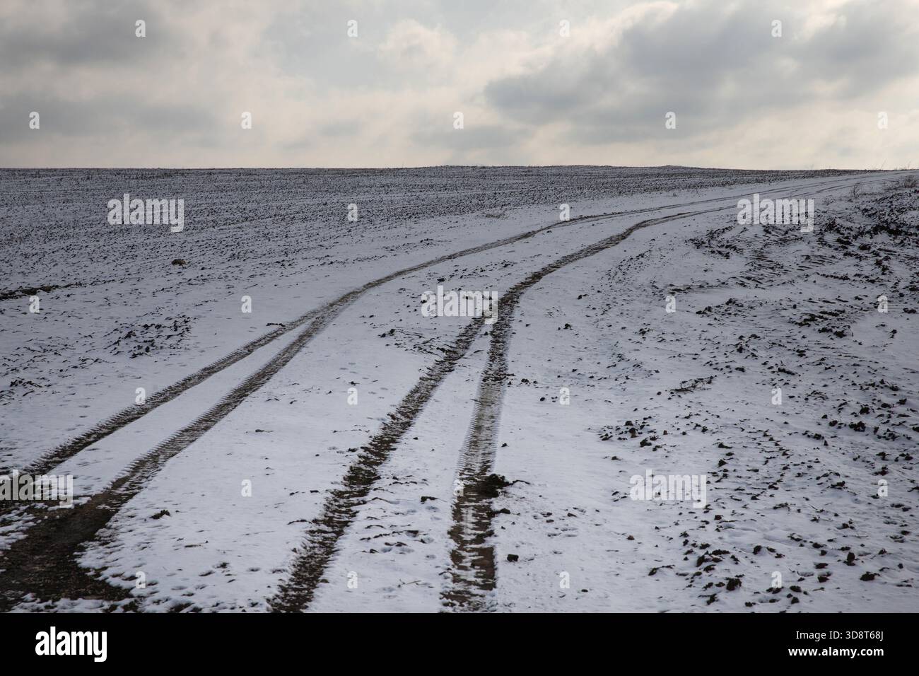 Cingoli per pneumatici invernali su strade innevate che attraversano un paesaggio freddo e arido Foto Stock