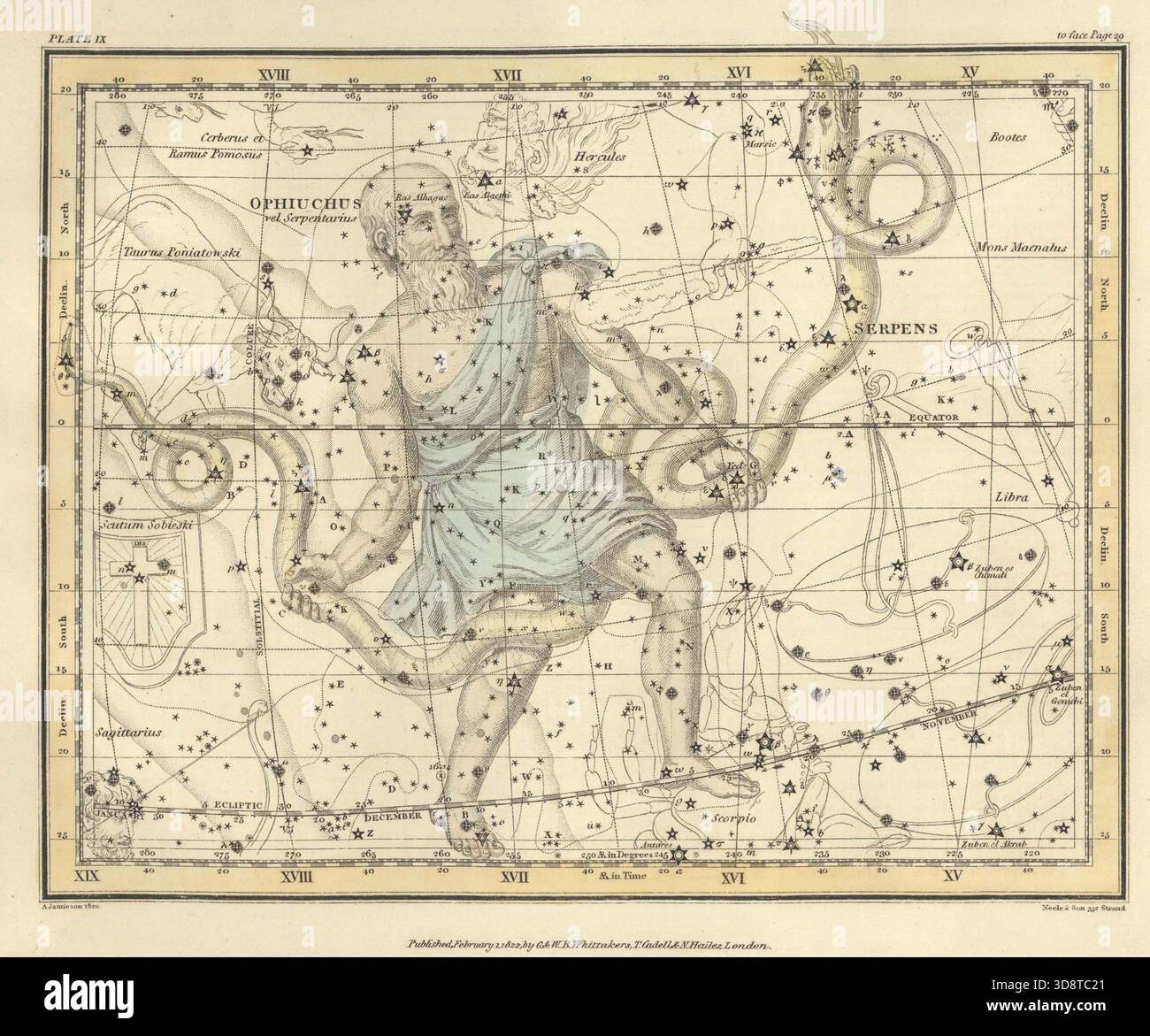 Ophiuchus Constellation - 'portatore di serpente', ed è comunemente rappresentata come un uomo che afferra un serpente Serpens Un atlante Celestiale di Alexander Jamieson - Un atlante celeste che comprende una visualizzazione sistematica dei cieli in una serie di trenta mappe illustrate da una descrizione scientifica del loro contenuto e accompagnate da cataloghi delle stelle ed esercizi astronomici Foto Stock