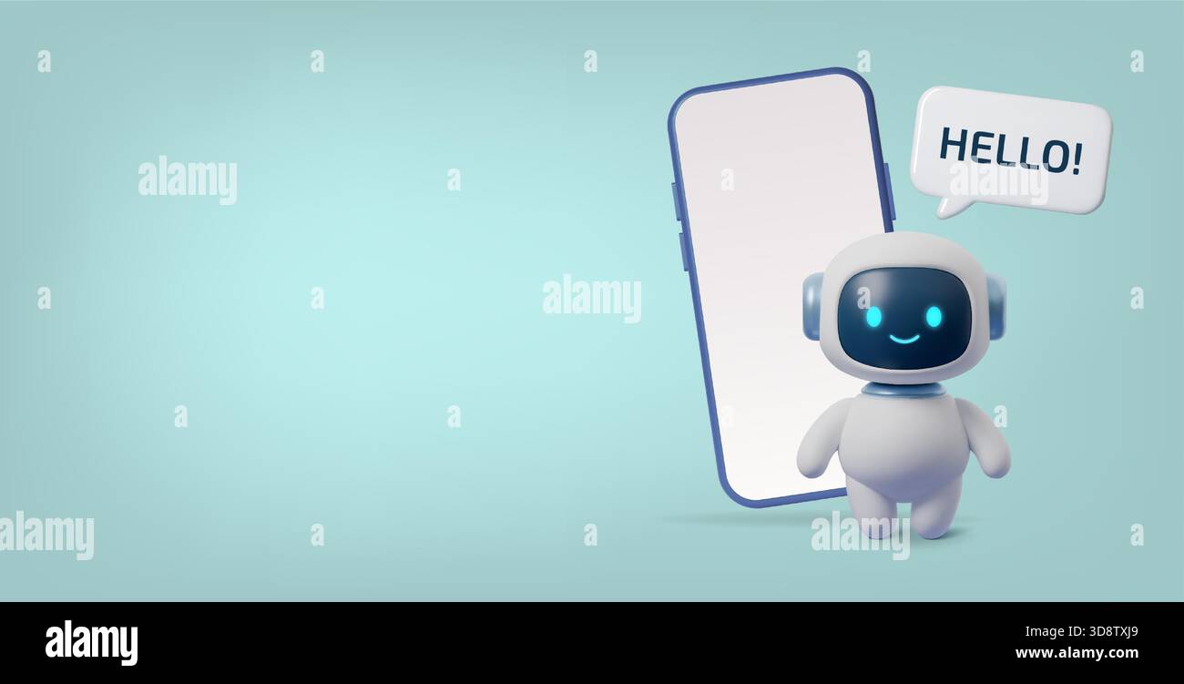 Grazioso robot IA 3D con smartphone e bolla di benvenuto. Assistente virtuale amichevole per chat, app mobili, servizi di supporto, concetti tecnologici e. Illustrazione Vettoriale