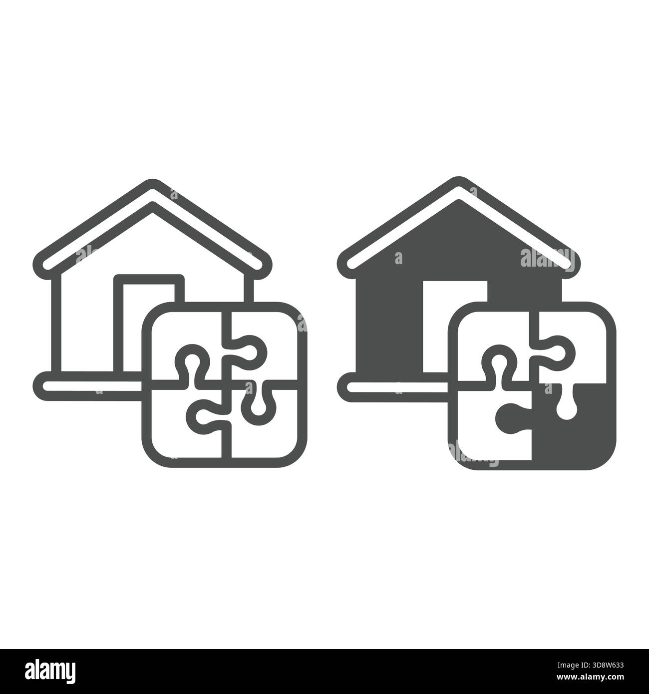 Casa casa e linea di puzzle e icona solida, concetto di lavoro remoto. Grafica vettoriale. Edificio del cottage con tessera puzzle, insegna del gioco logico su sfondo bianco Illustrazione Vettoriale