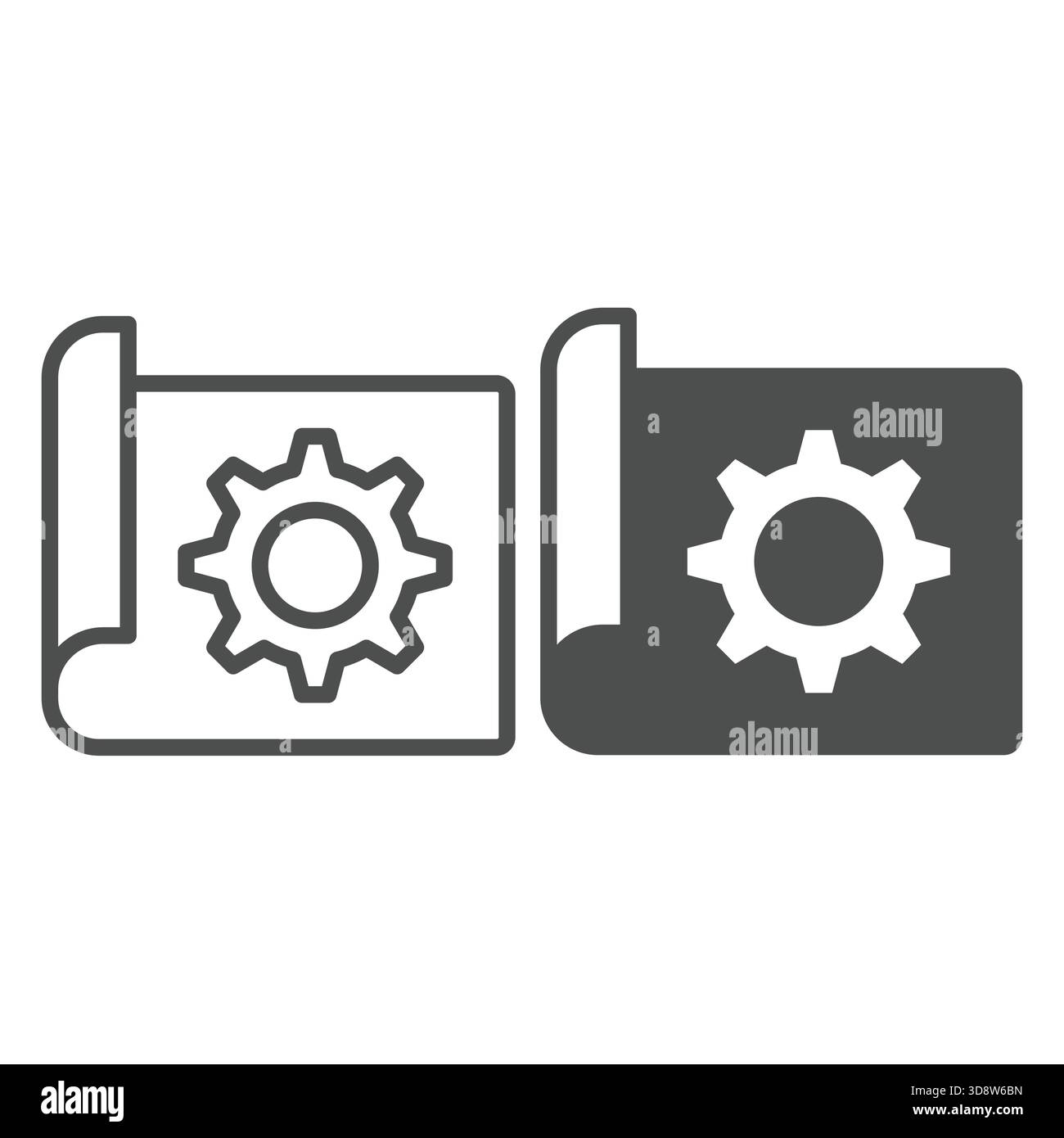 Carta da progetto con linea di ingranaggi e icona continua, concetto di servizio di riparazione. Grafica vettoriale. Progetto e ruota dentata, insegna tecnica su sfondo bianco, ou Illustrazione Vettoriale