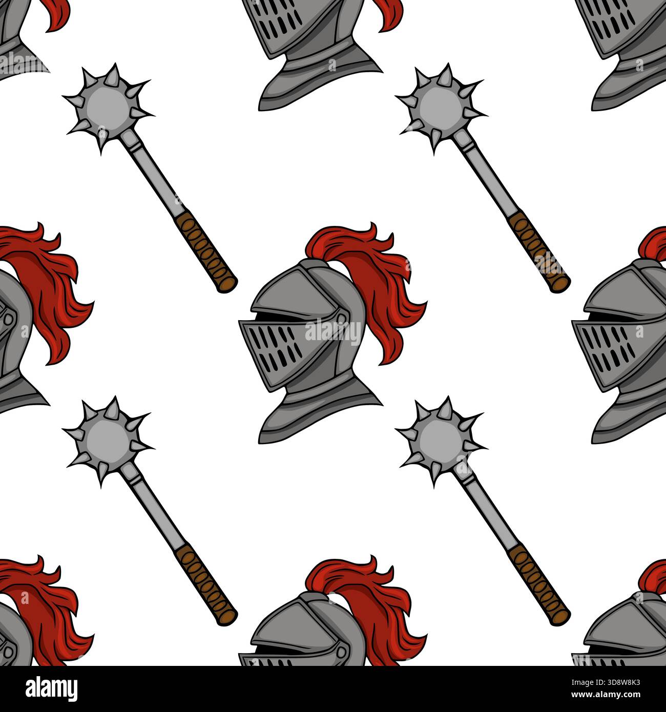 Un motivo vettoriale senza cuciture caratterizzato da caschi da cavaliere medievali con pennacchi rossi e macchie a spillo, con rendering grafico e illustrativo. Illustrazione Vettoriale