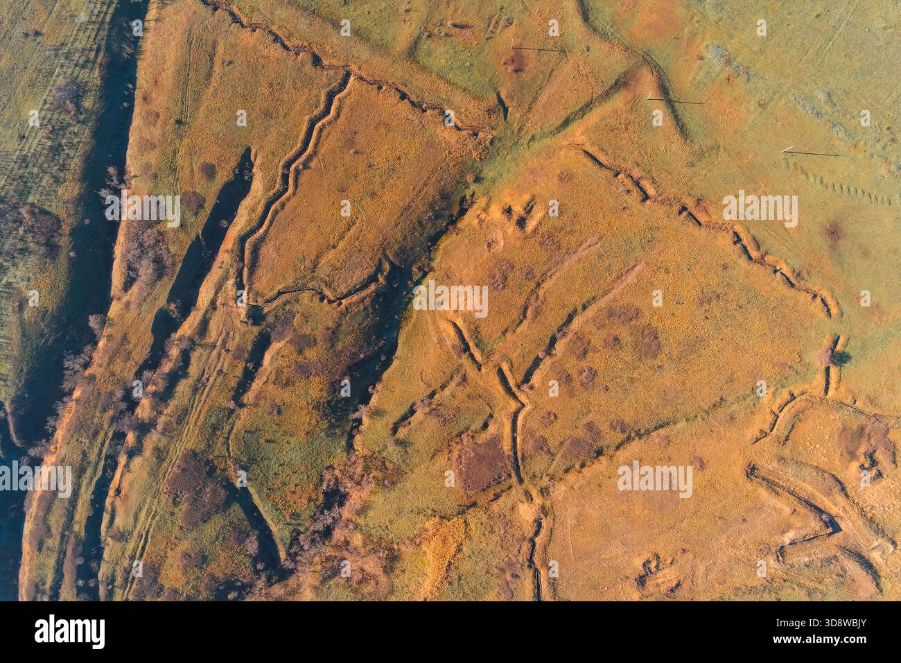 Tiro astratto con un drone che cattura il motivo geometrico delle linee di trincea abbandonate tagliate sulla terra. Le fortificazioni a zig-zag e l'erba asciutta mostrano i resti dei conflitti militari passati. Foto Stock
