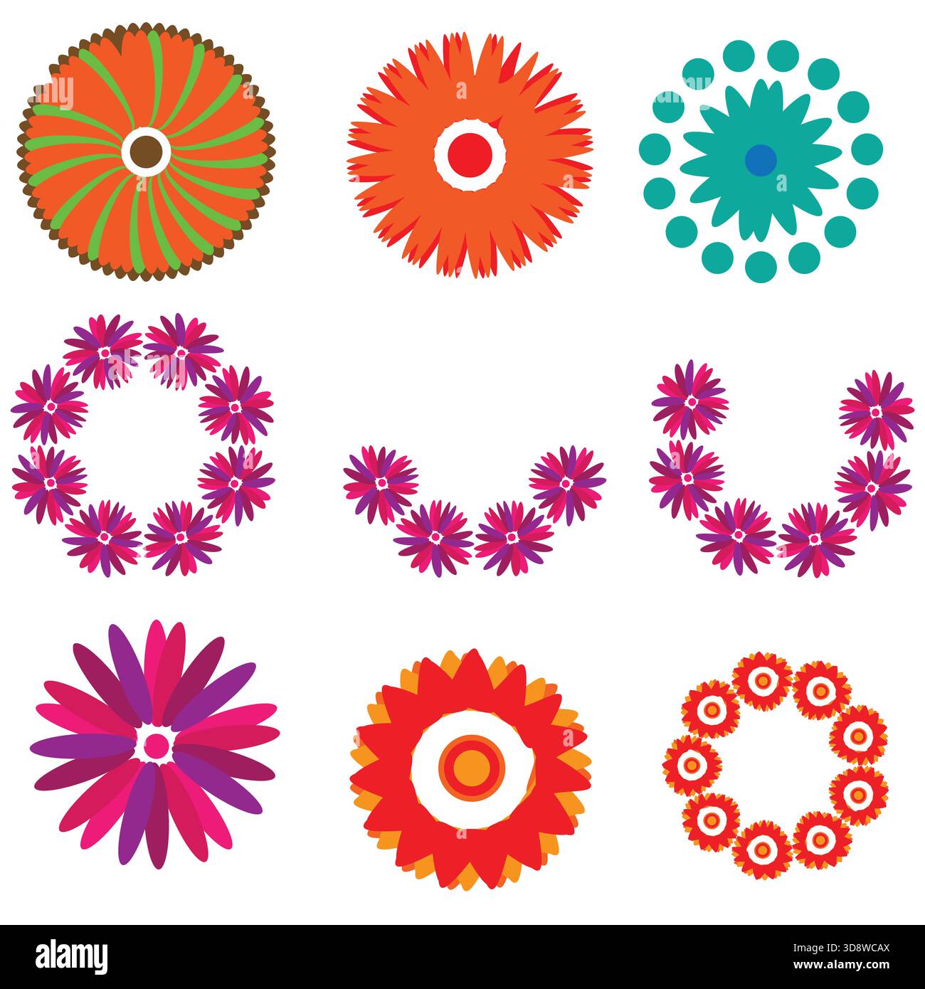 Collezione di colorate forme di fiori circolari con motivi floreali astratti, petali decorativi, motivi geometrici di fiori e vivaci. Illustrazione Vettoriale