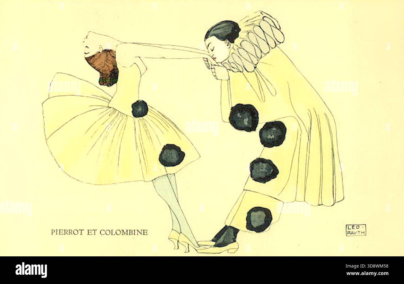 Leo Rauth - Pierrot and Columbine - 1911 - l'opera ritrae i classici personaggi della commedia dell'arte Pierrot e Colombine. L'immagine cattura una scena giocosa ma toccante con linee fluide e una sensazione leggera ed espressiva caratteristica dei movimenti Art Deco e Jugendstil prevalenti all'inizio del XX secolo. Le figure sono rappresentate in una tavolozza limitata di tonalità di giallo, nero e pallido. Foto Stock