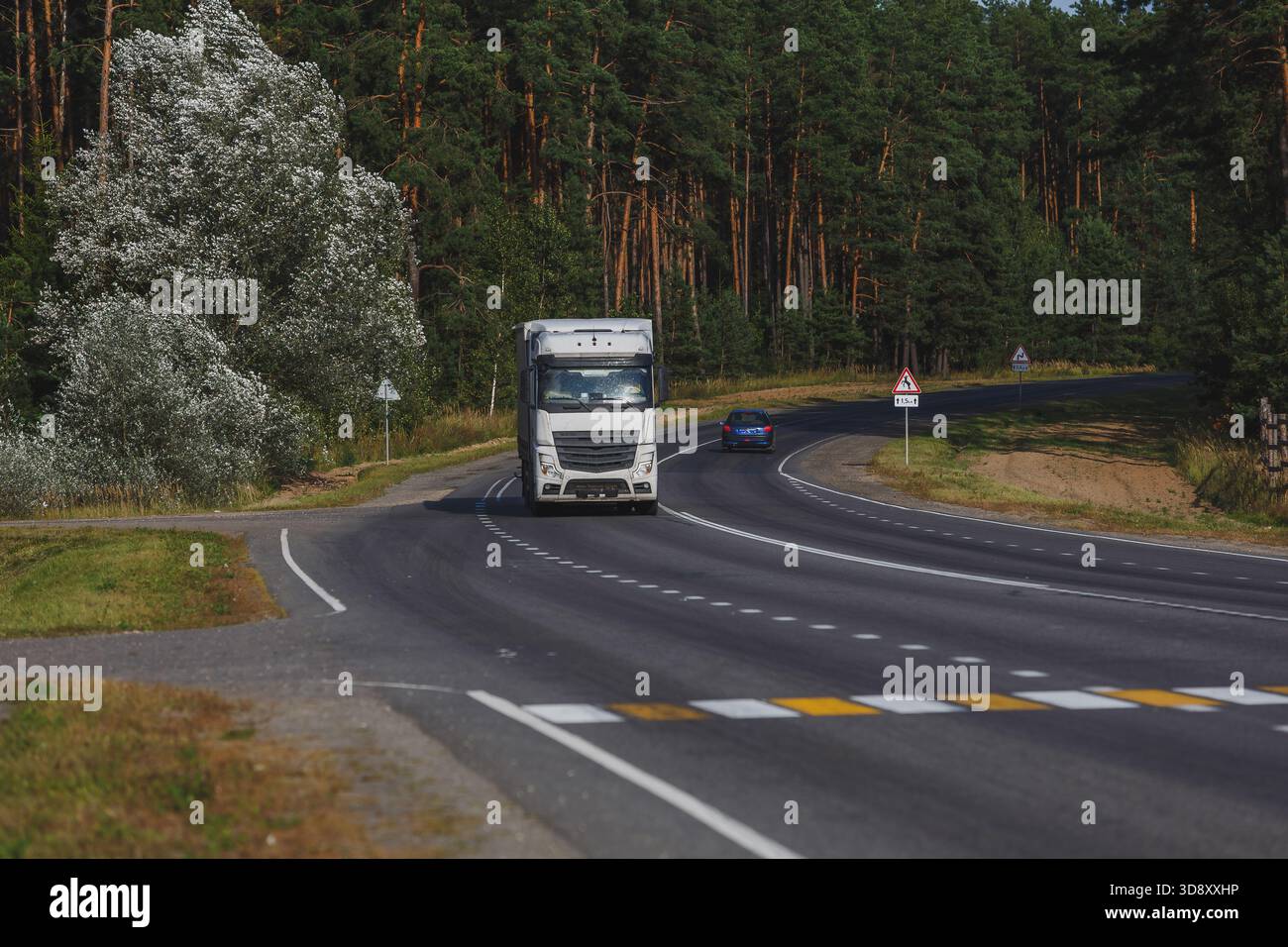 Un grande camion bianco si sposta lungo un'autostrada rurale circondata da foreste, rappresentando trasporti, logistica, viaggi e consegne a lunga distanza. Foto Stock
