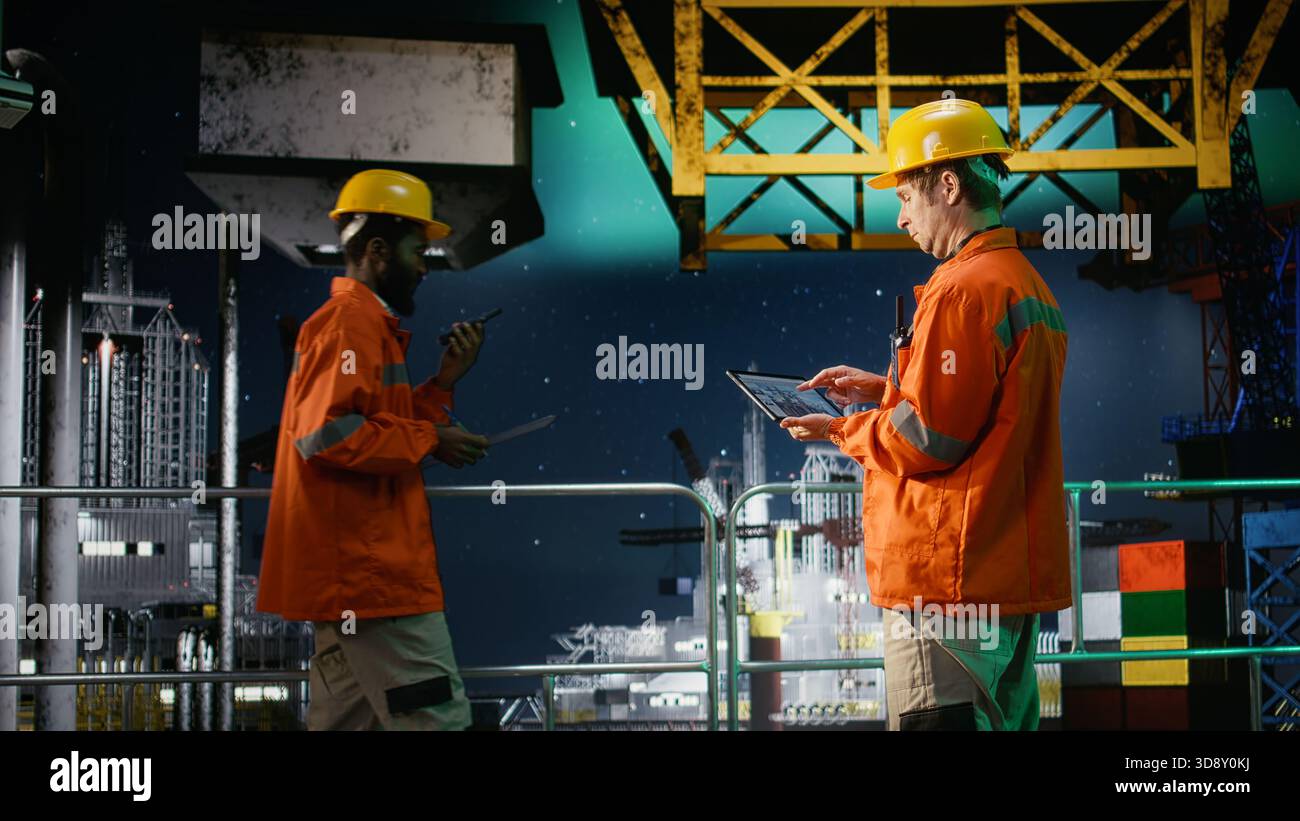 Un ingegnere offshore monitora l'estrazione di petrolio sulla piattaforma offshore, utilizzando un tablet per valutare il monitoraggio delle emissioni per le prestazioni. Garantire le operazioni di trivellazione di petrolio e gas nell'aurora boreale. Foto Stock