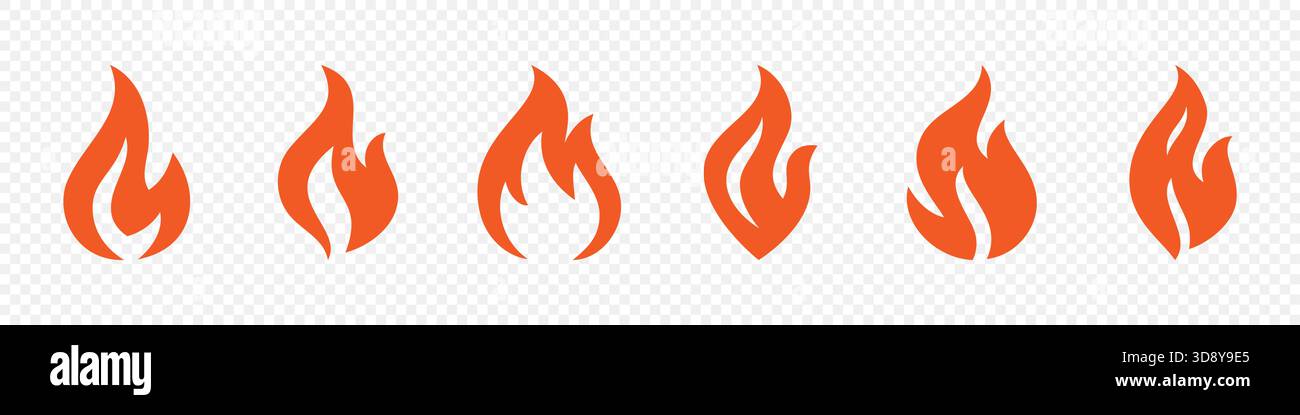 Set di 6 icone di fiamma arancioni isolate su sfondo trasparente. Simboli vettoriali di fuoco piatti per il calore, l'energia, il pericolo e il design grafico moderno Illustrazione Vettoriale