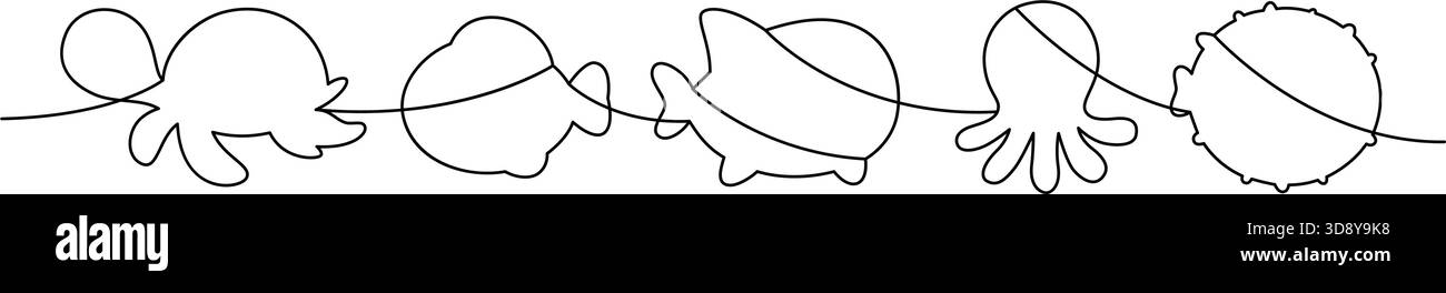 Disegno continuo di creature marine: Tartarughe, pesci, narwhal, meduse e pesci palla. Design minimalista in nero per la nautica e l'oceano Illustrazione Vettoriale