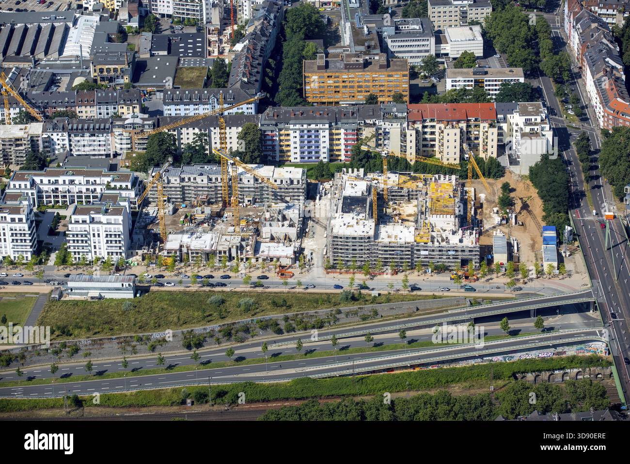 Sviluppo residenziale su Marc-Chagall-Strasse, Maurice-Ravel-Park, Duesseldorf, Renania settentrionale-Vestfalia, Germania, Germania, GERMANIA, Europa, vista aerea Foto Stock