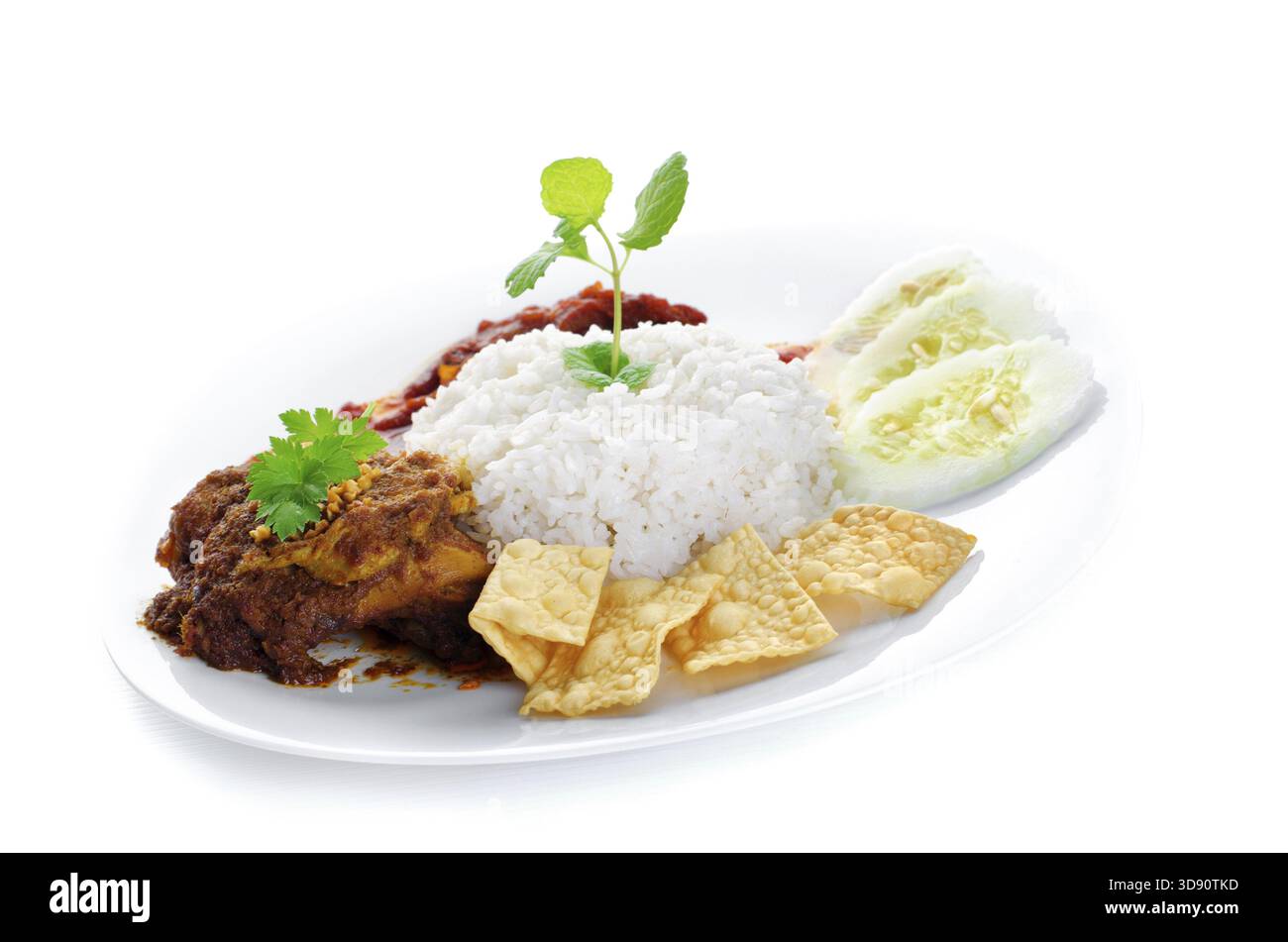 Nasi lemak tradizionale piatto di riso piccante malese. Servito con belacan, bilis ikan, acaro, arachidi e cetriolo. Cibo malese. Cucina asiatica Foto Stock