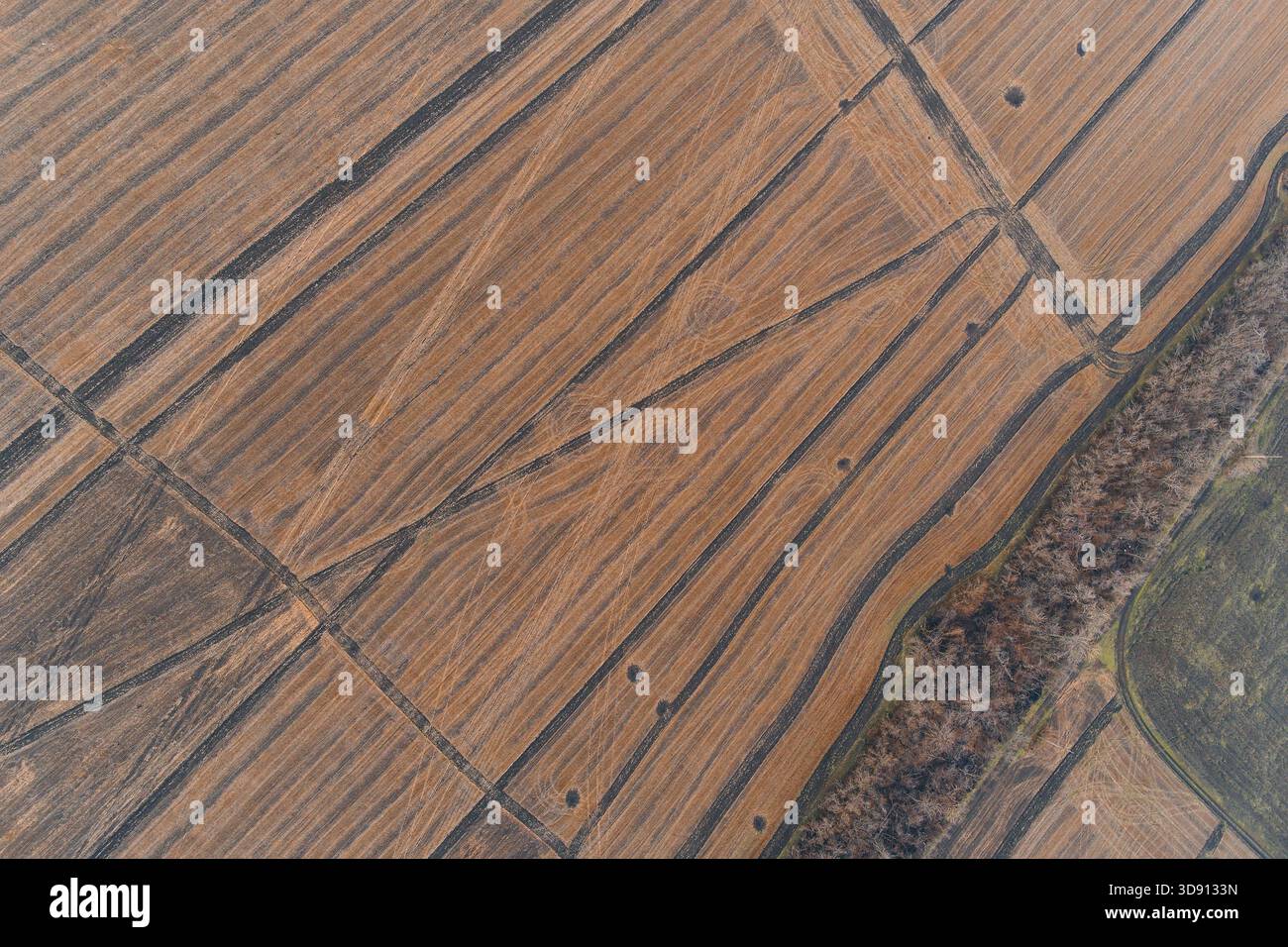 Ripresa astratta di droni che cattura intricati pattern lineari e geometrici di un campo appena coltivato. La consistenza calda del terreno è leggermente disturbata da piccole tracce di esplosione sparse, creando uno sfondo unico. Foto Stock