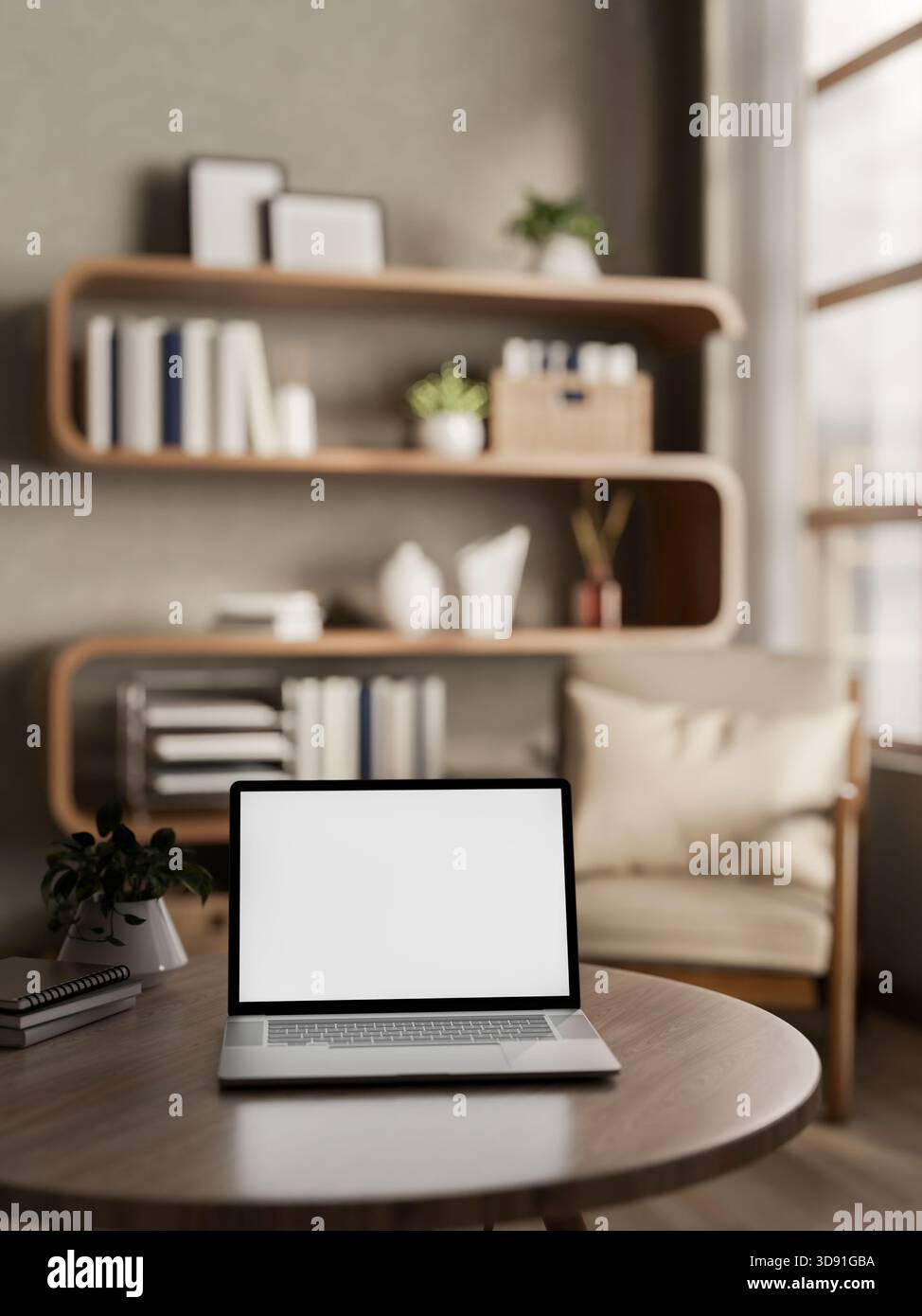 Computer portatile con schermo bianco su un tavolo in legno con poltrona vicino a una libreria dal design unico in un accogliente soggiorno. Lavoro o studio, rendering 3D, illustrazione 3D. Foto Stock