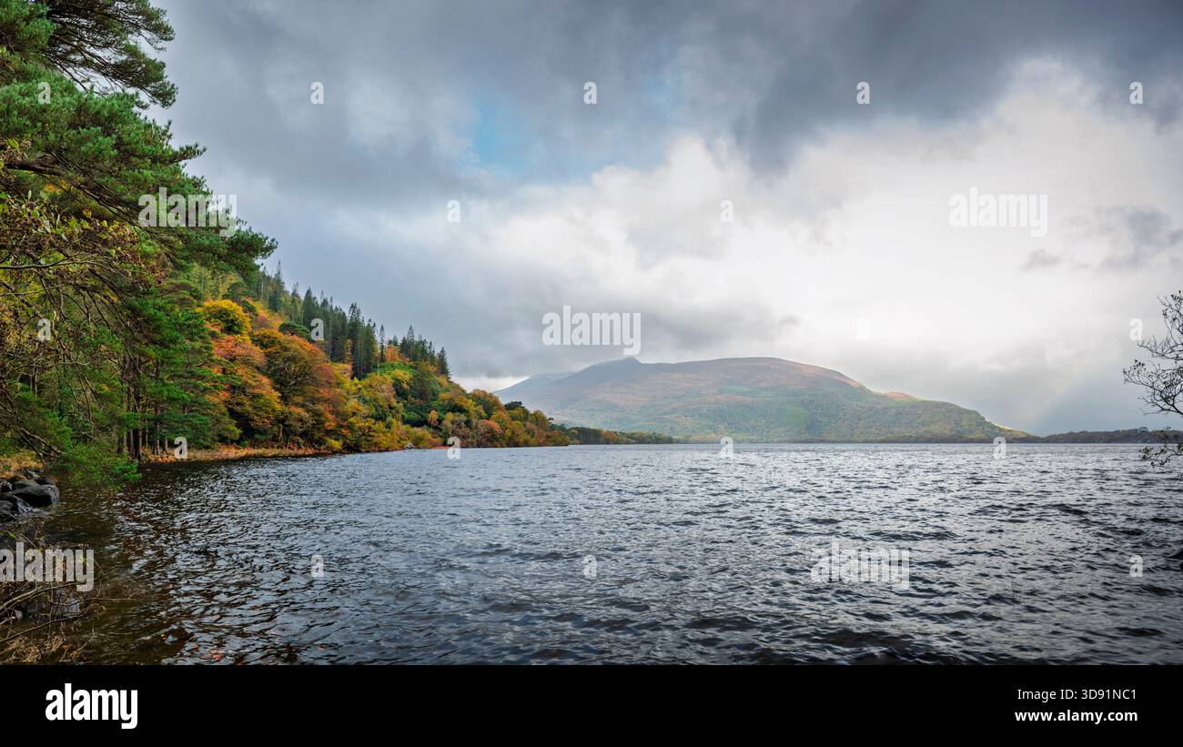 Vista panoramica del lago Muckross con alberi autunnali, monte Torc e acque scure riflettenti, Killarney, Irlanda Foto Stock
