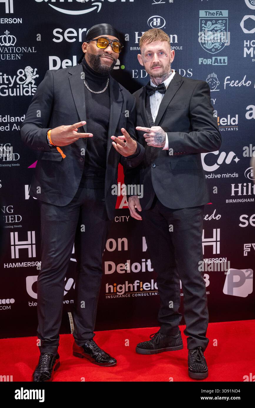 Kule T e Carl Scott partecipano agli MBCC Awards 2025 all'Hilton Birmingham Metropole, Regno Unito. Foto Stock