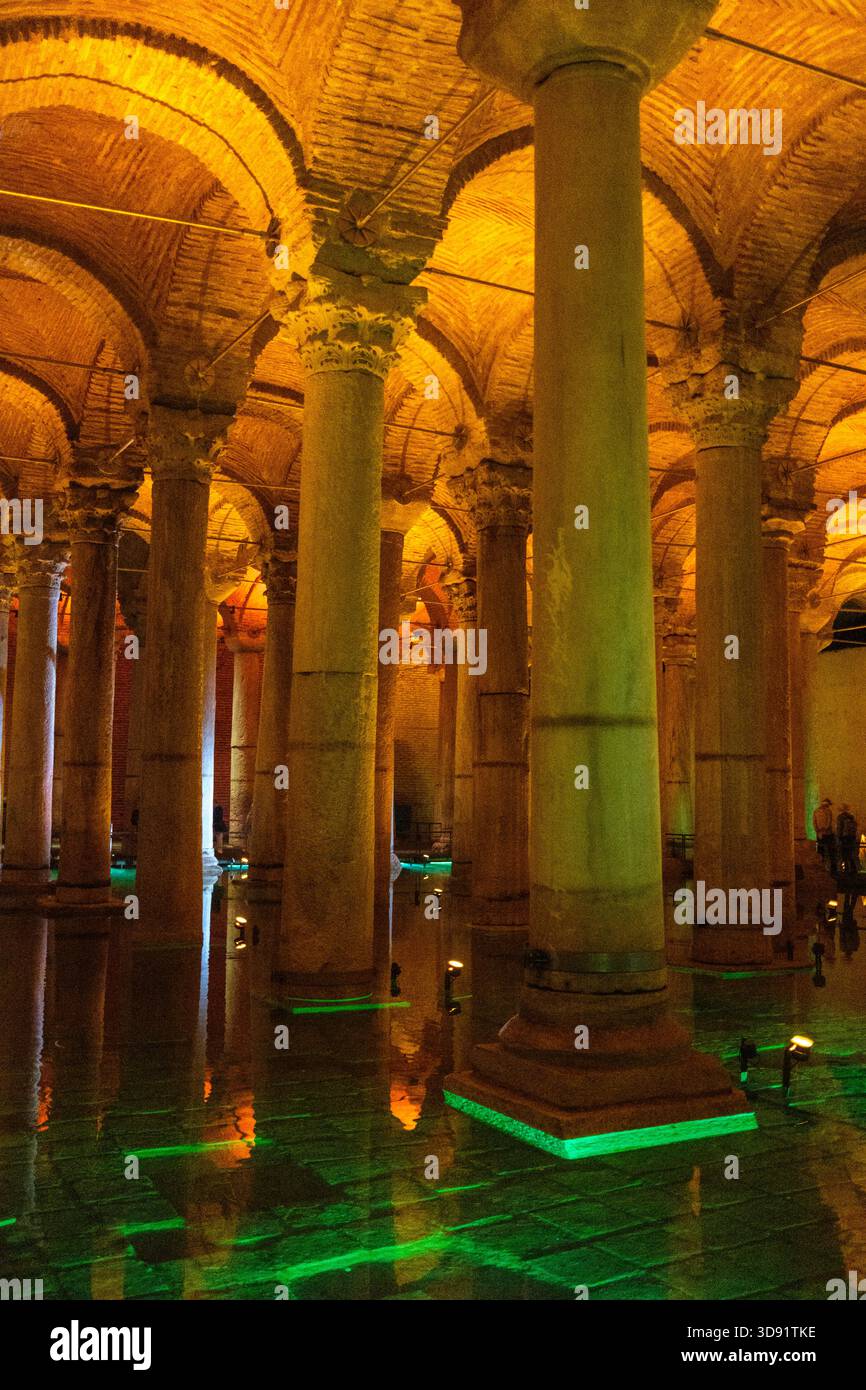 Turchia: Basilica Cistern, a sud-ovest di Hagia Sophia, penisola di Sarayburnu, Istanbul. La cisterna è una camera sotterranea molto grande di circa 138 metri per 65 metri ed è in grado di contenere 80.000 metri cubi di acqua. Il soffitto è sostenuto da 336 colonne di marmo, ciascuna alta 9 metri, disposte in 12 file di 28 colonne ciascuna distanziata di 5 metri l'una dall'altra. Foto Stock