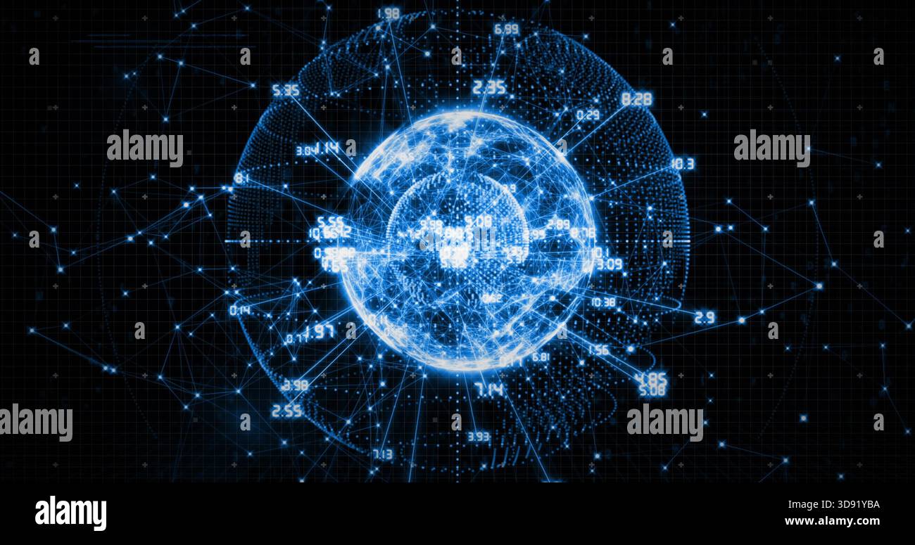 Globo a reticolo luminoso che mostra nodi di rete e fasci radiali nella griglia virtuale, con etichette numeriche Foto Stock