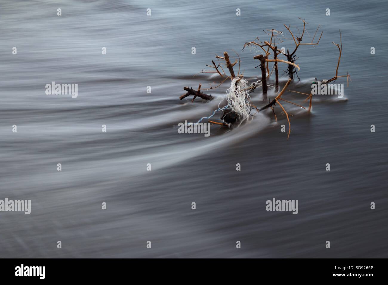 Acqua di mare che scorre attraverso ramoscelli e cordoncino di plastica Foto Stock