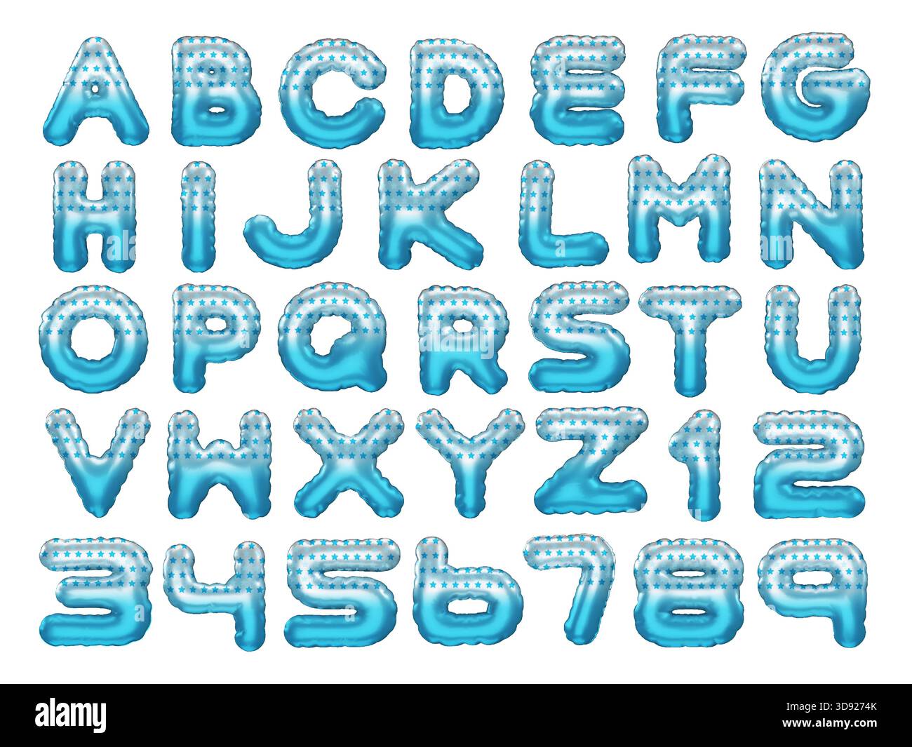 Set completo di palloncini con rendering in 3D alfabetico e numerico in blu e argento con motivi a stella. Elemento vettoriale per inviti a feste, banner compleanno Illustrazione Vettoriale