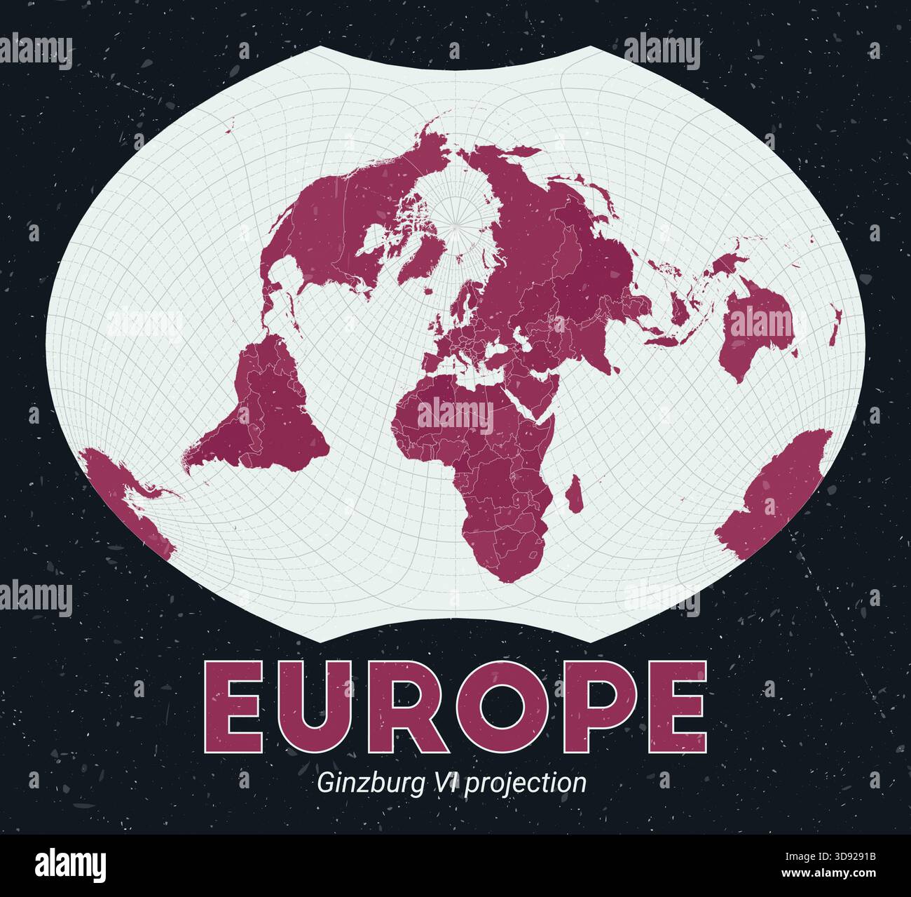 Europa. Mappa del mondo. Proiezione di Ginzburg vi incentrata sull'Europa. Pallido Mint Dark Pink (Rosa scuro). Texture vintage. Illustrazione vettoriale classica. Illustrazione Vettoriale