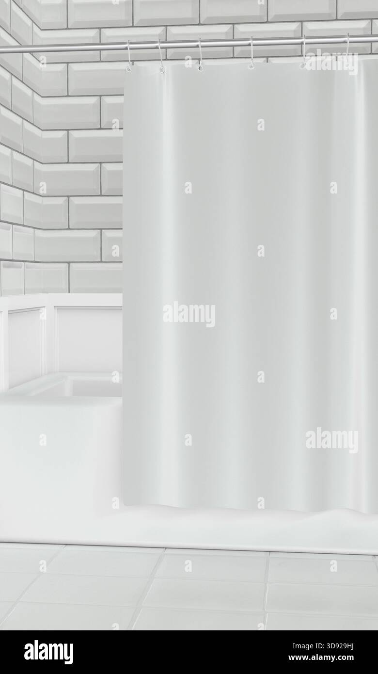 Doccia in bagno con tenda isolata. Rendering 3D. Foto Stock